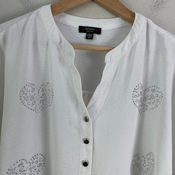 Cocomo Woman Plus 3X White Heart Print Tunic Top Blouse Roll Tab Sleeve Shirt - Picture 7 of 12